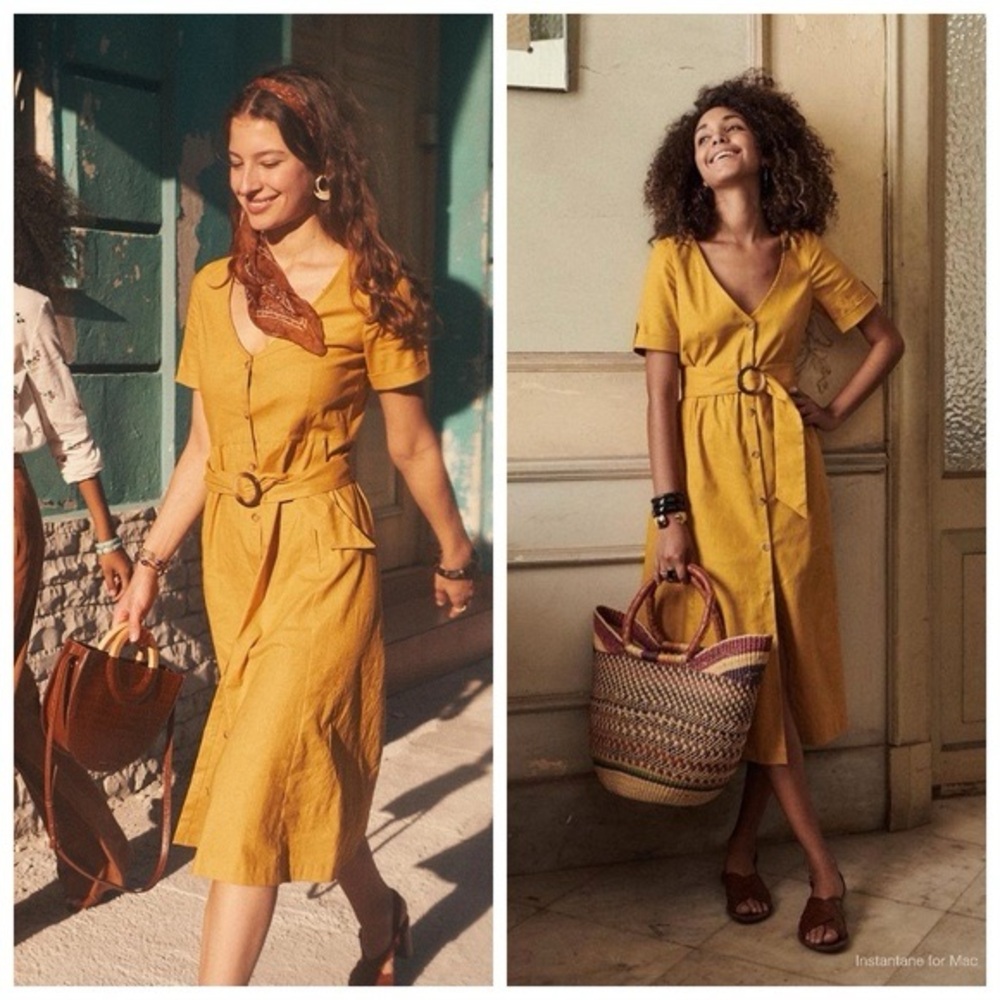 Sezane Mustard Yellow Midi Dress with Belt